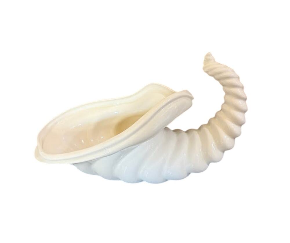 Vintage Atlantic Mold ivory Ceramic Cornucopia Vase Horn of Plenty 1970s